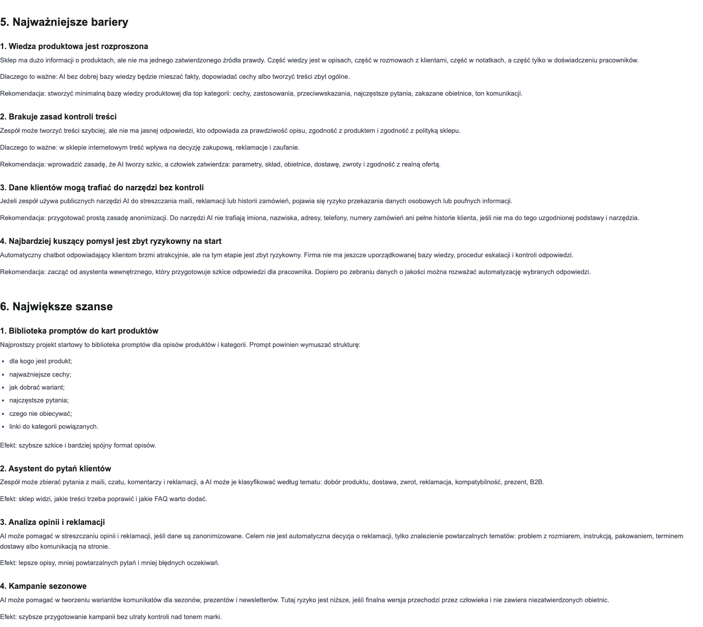 Fragment raportu AI z barierami, szansami i rekomendacjami