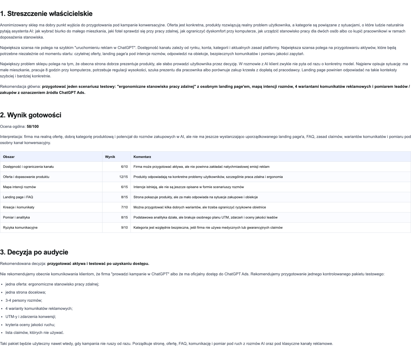 Zanonimizowany fragment raportu z decyzją i wynikiem gotowości do ChatGPT Ads