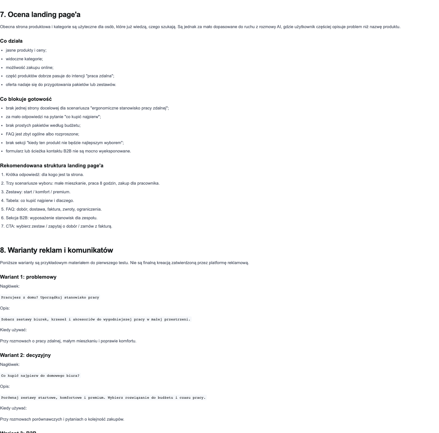 Fragment raportu z oceną landing page'a i wariantami komunikatów