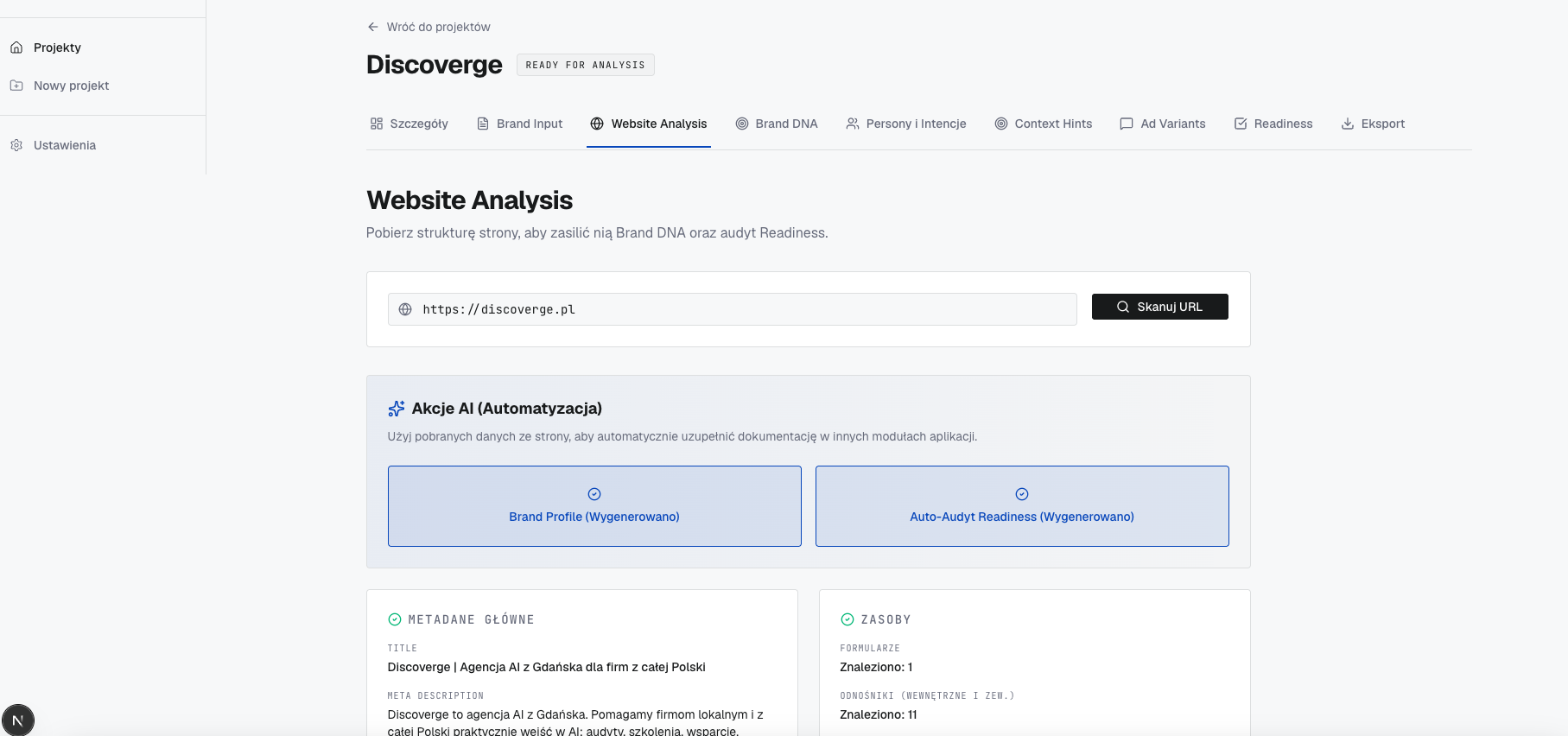 Widok analizy strony w narzędziu Discoverge GPT Ads Ready