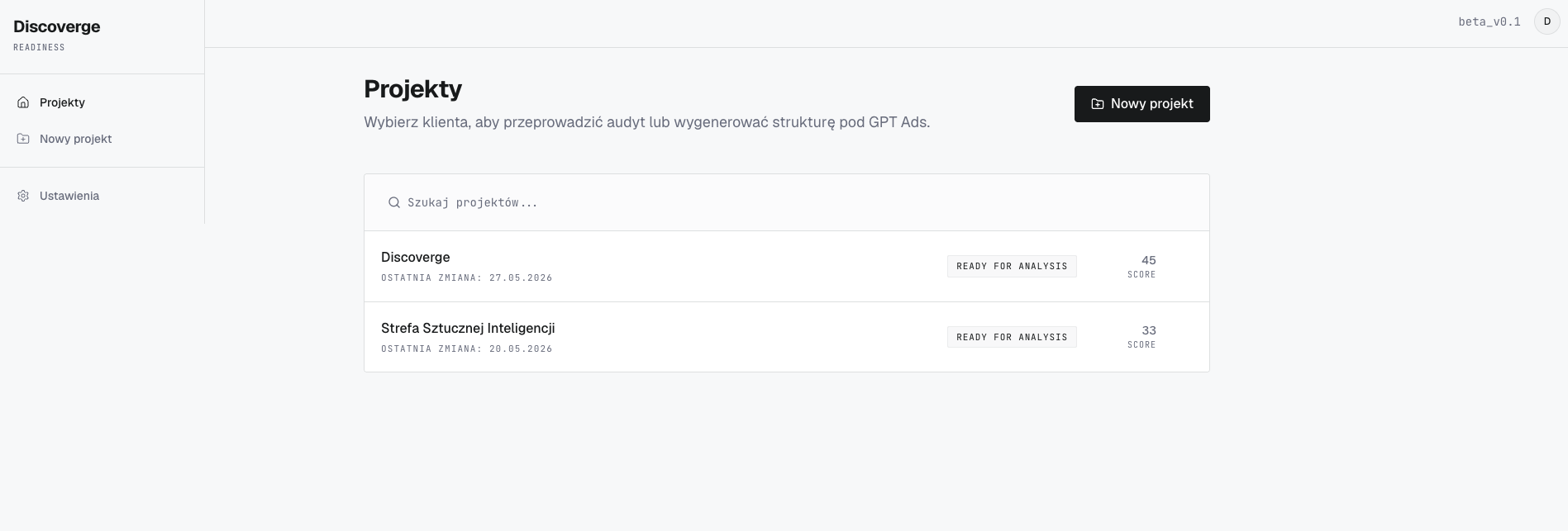Lista projektów w Discoverge GPT Ads Ready